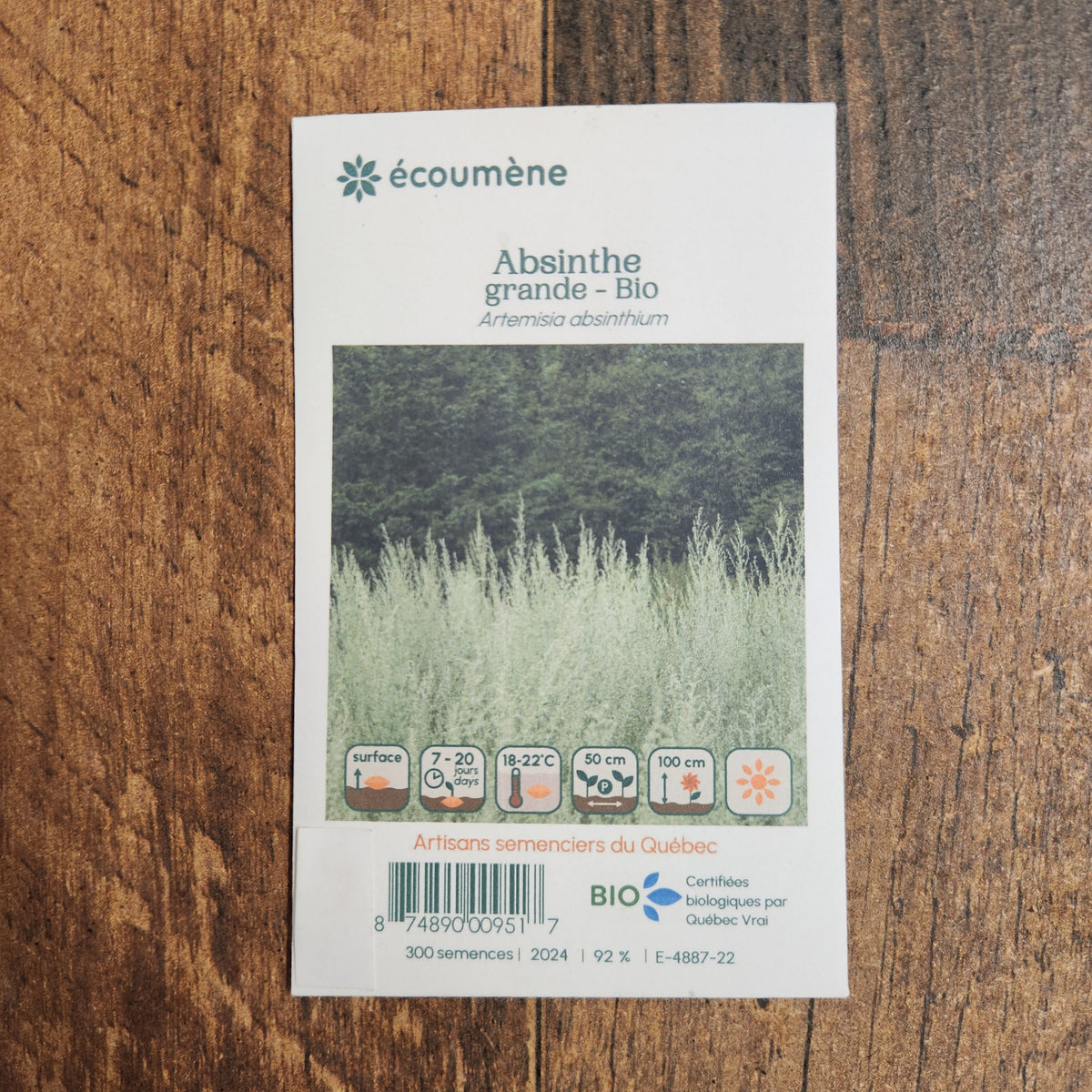 Sachet de semences Absinthe grande. Emballage blanc photographié de face sur un fond de bois brun. Une image du végétal occupe la partie centrale, sous le nom imprimé. De petits pictogrammes et un code-barres apparaissent au bas du sachet. La marque Écoumène figure dans la partie supérieure de cette présentation.