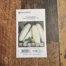 Sachet de semences Concombre blanc De Hollande. Emballage blanc photographié de face sur un fond de bois brun. Une image du végétal occupe la partie centrale, sous le nom imprimé. De petits pictogrammes et un code-barres apparaissent au bas du sachet. La marque Écoumène figure dans la partie supérieure de cette présentation.