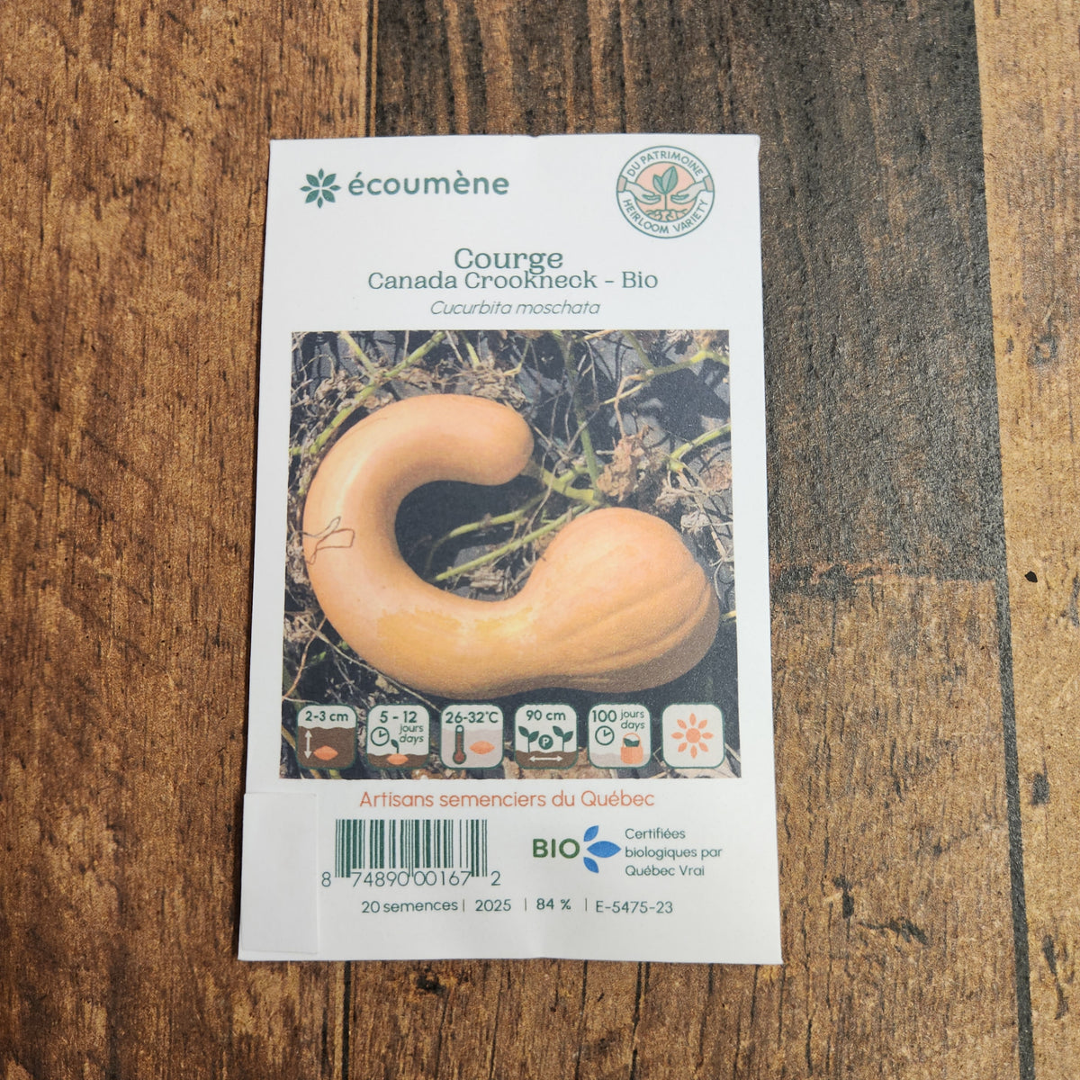 Sachet de semences Courge Canada Crookneck. Emballage blanc photographié de face sur un fond de bois brun. Une image du végétal occupe la partie centrale, sous le nom imprimé. De petits pictogrammes et un code-barres apparaissent au bas du sachet. La marque Écoumène figure dans la partie supérieure de cette présentation.