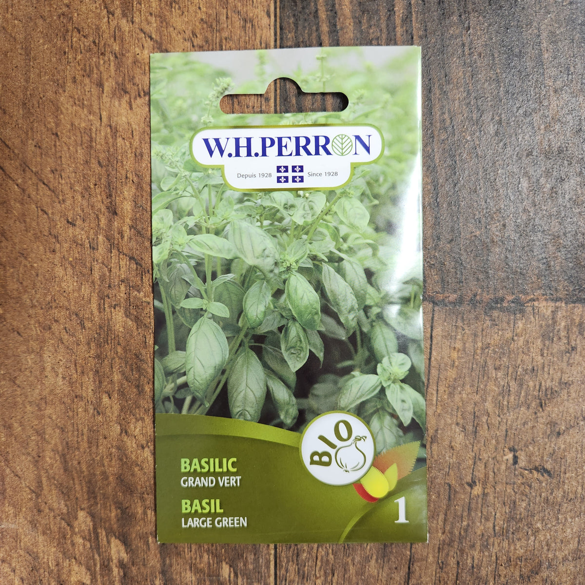 Photographie de Basilic bio (Ocimum basilicum ‘Grand Vert’), sélection proposée en semences W.H. Perron. Le visuel présente l’apparence de la plante ou de sa récolte et permet d’en observer les formes et les couleurs. Cette vue illustre les caractéristiques visibles de la sélection, dans une présentation destinée à accompagner son identification et à montrer son intérêt au jardin.