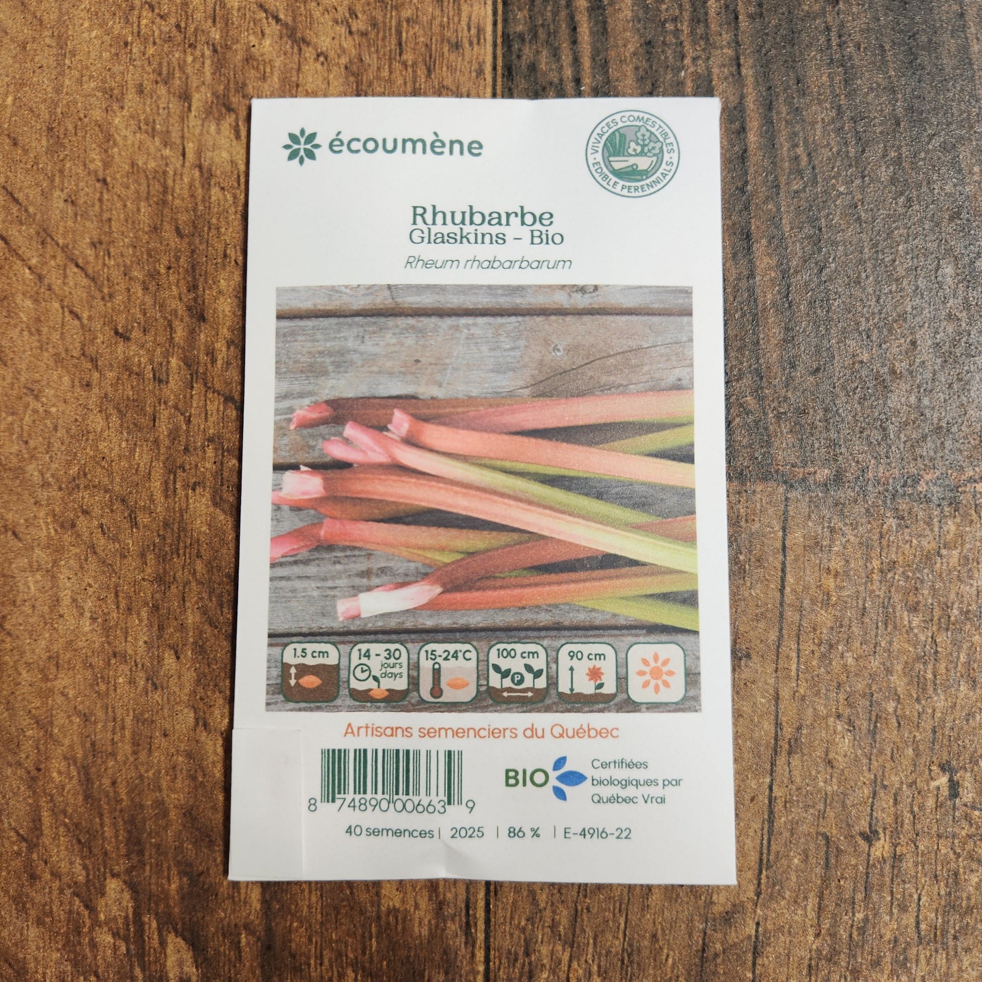 Sachet de semences Rhubarbe Glaskins. Emballage blanc photographié de face sur un fond de bois brun. Une image du végétal occupe la partie centrale, sous le nom imprimé. De petits pictogrammes et un code-barres apparaissent au bas du sachet. La marque Écoumène figure dans la partie supérieure de cette présentation.