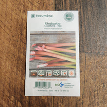 Sachet de semences Rhubarbe Glaskins. Emballage blanc photographié de face sur un fond de bois brun. Une image du végétal occupe la partie centrale, sous le nom imprimé. De petits pictogrammes et un code-barres apparaissent au bas du sachet. La marque Écoumène figure dans la partie supérieure de cette présentation.