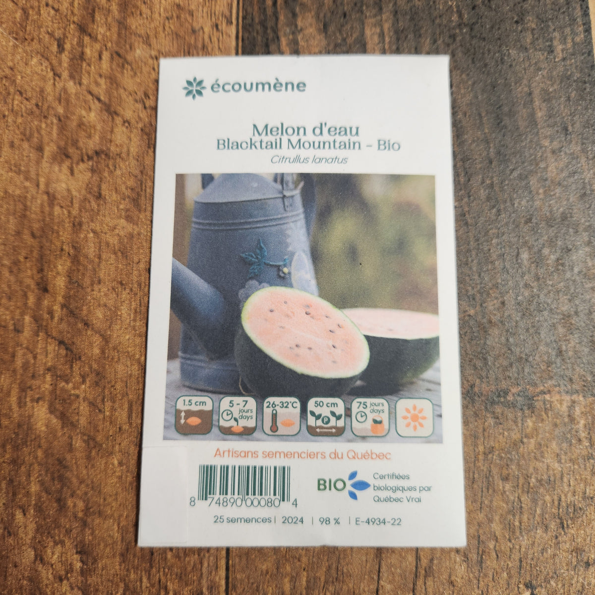 Sachet de semences Melon deau Blacktail Mountain. Emballage blanc photographié de face sur un fond de bois brun. Une image du végétal occupe la partie centrale, sous le nom imprimé. De petits pictogrammes et un code-barres apparaissent au bas du sachet. La marque Écoumène figure dans la partie supérieure de cette présentation.