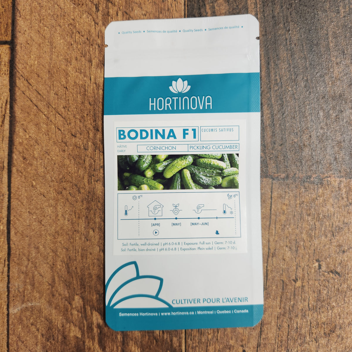 Semences Hortinova de Concombre à cornichon 'Bodina' F1, produit destiné au potager et présenté pour identifier clairement le cultivar avant le semis. Vue 2 de l'emballage ou du produit, à utiliser comme repère visuel avec les conseils de culture, l'exposition, l'arrosage et la récolte indiqués dans la fiche française de Pépinière.ca.