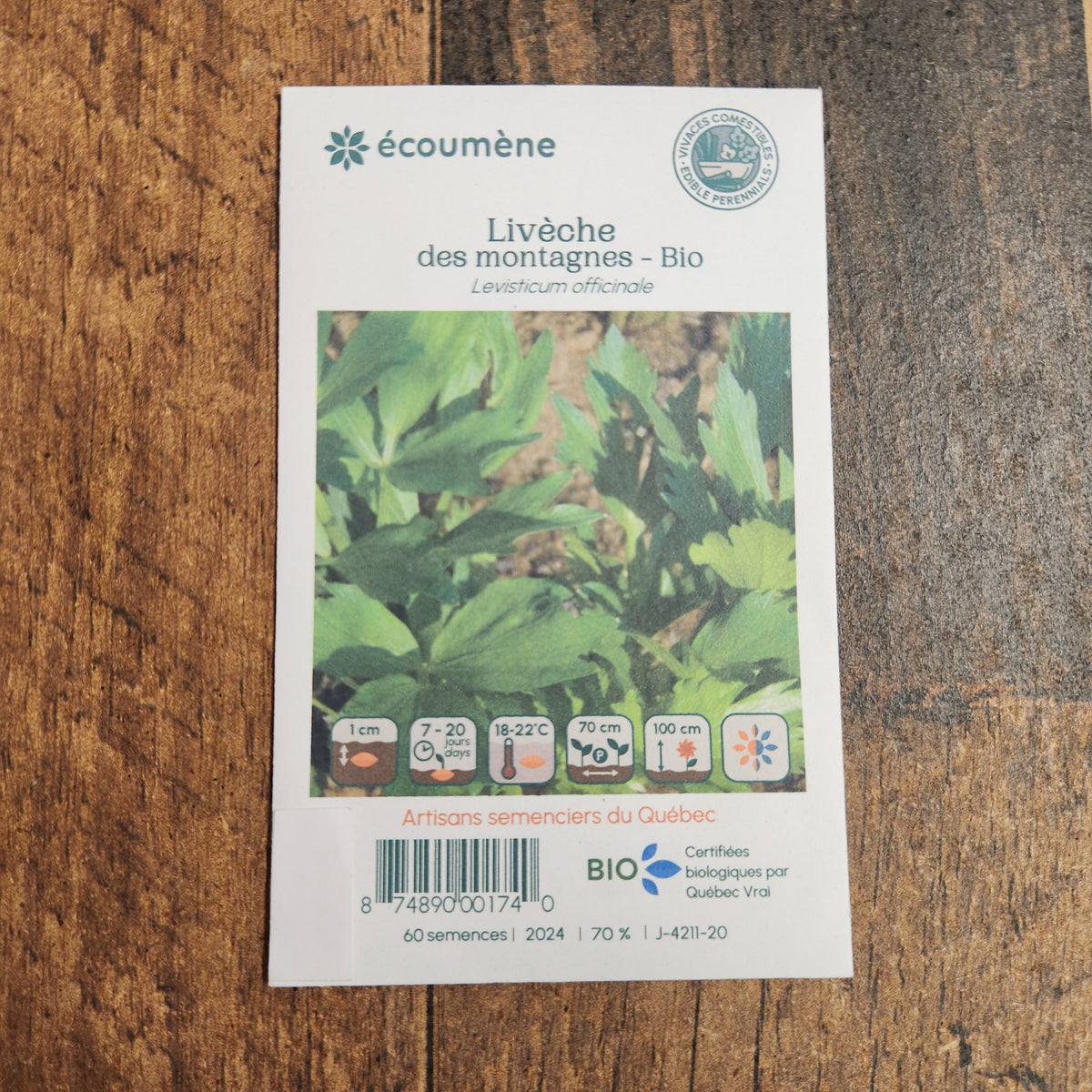 Sachet de semences Livèche des montagnes. Emballage blanc photographié de face sur un fond de bois brun. Une image du végétal occupe la partie centrale, sous le nom imprimé. De petits pictogrammes et un code-barres apparaissent au bas du sachet. La marque Écoumène figure dans la partie supérieure de cette présentation.
