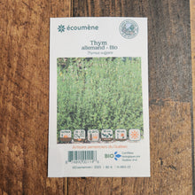 Sachet de semences Thym Allemand. Emballage blanc photographié de face sur un fond de bois brun. Une image du végétal occupe la partie centrale, sous le nom imprimé. De petits pictogrammes et un code-barres apparaissent au bas du sachet. La marque Écoumène figure dans la partie supérieure de cette présentation.