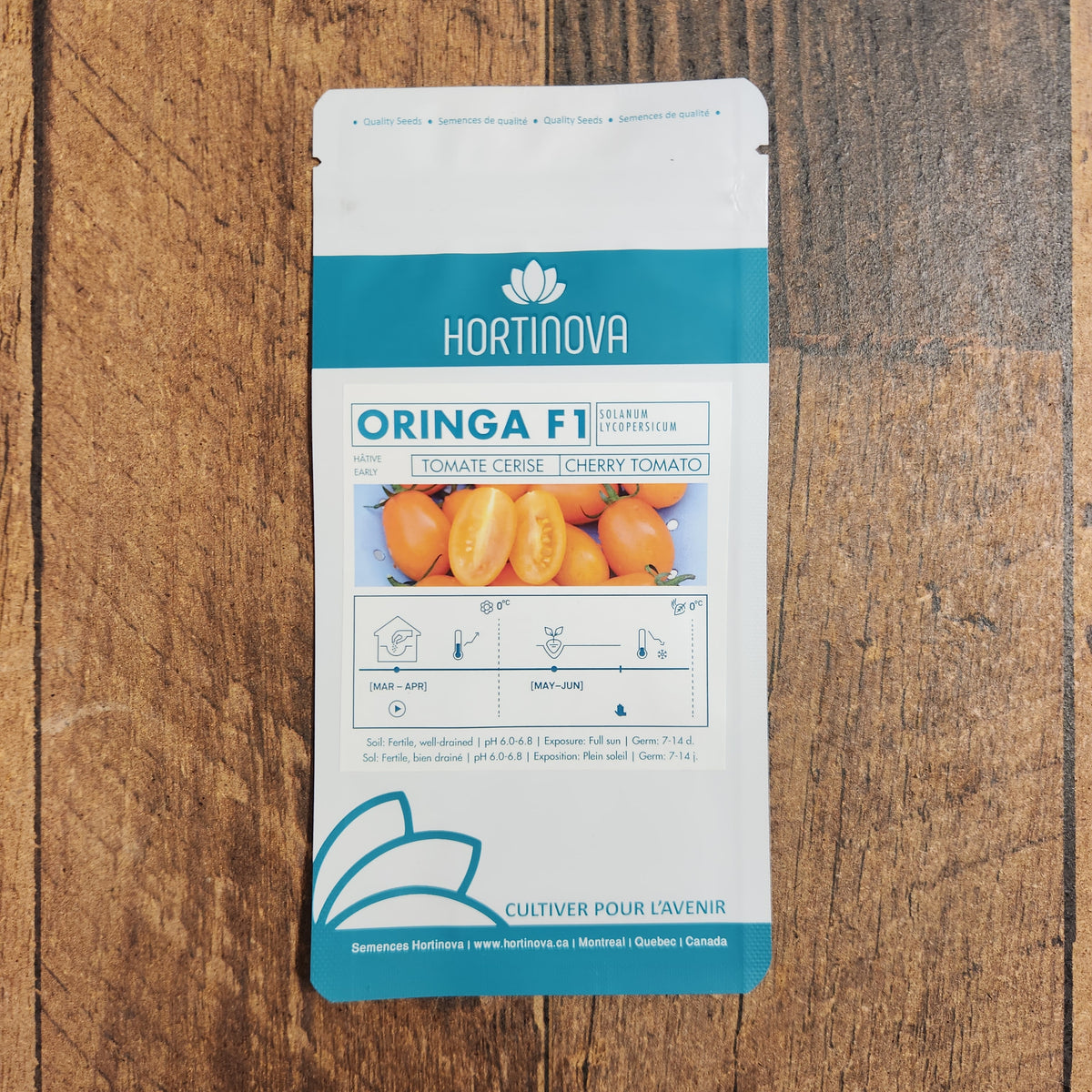 Semences Hortinova de Tomate cerise 'Oringa' F1, produit destiné au potager et présenté pour identifier clairement le cultivar avant le semis. Vue 2 de l'emballage ou du produit, à utiliser comme repère visuel avec les conseils de culture, l'exposition, l'arrosage et la récolte indiqués dans la fiche française de Pépinière.ca.