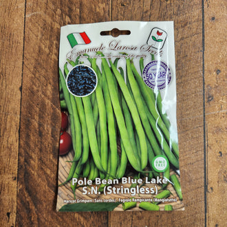 Product image of Blue Lake S.N Pole Bean, a stringless pole bean cultivar supplied as Weston seed. The photograph shows the identifying appearance presented for this variety and helps gardeners recognize the packet or plant while comparing options for a home garden. For best results, label the row and observe the plants regularly as conditions change through the season. Adjust watering to rainfall, wind, container size, and the actual moisture at soil level.