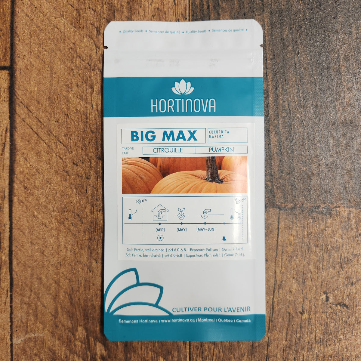 Semences Hortinova de Citrouille 'Big Max', produit destiné au potager et présenté pour identifier clairement le cultivar avant le semis. Vue 2 de l'emballage ou du produit, à utiliser comme repère visuel avec les conseils de culture, l'exposition, l'arrosage et la récolte indiqués dans la fiche française de Pépinière.ca. Pour Citrouille 'Big Max', des observations régulières permettent d'ajuster les soins aux conditions réelles du jardin.