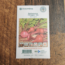Sachet de semences Betterave Chioggia. Emballage blanc photographié de face sur un fond de bois brun. Une image du végétal occupe la partie centrale, sous le nom imprimé. De petits pictogrammes et un code-barres apparaissent au bas du sachet. La marque Écoumène figure dans la partie supérieure de cette présentation.