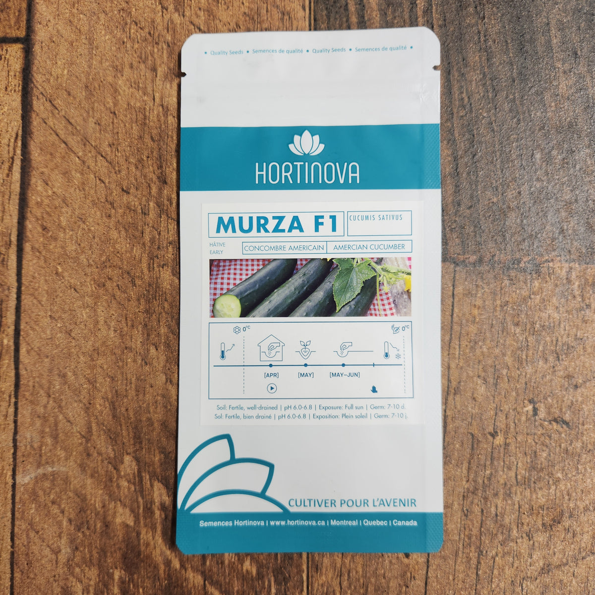 Semences Hortinova de Concombre 'Murza' F1, produit destiné au potager et présenté pour identifier clairement le cultivar avant le semis. Vue 2 de l'emballage ou du produit, à utiliser comme repère visuel avec les conseils de culture, l'exposition, l'arrosage et la récolte indiqués dans la fiche française de Pépinière.ca. Pour Concombre 'Murza' F1, des observations régulières permettent d'ajuster les soins aux conditions réelles du jardin.
