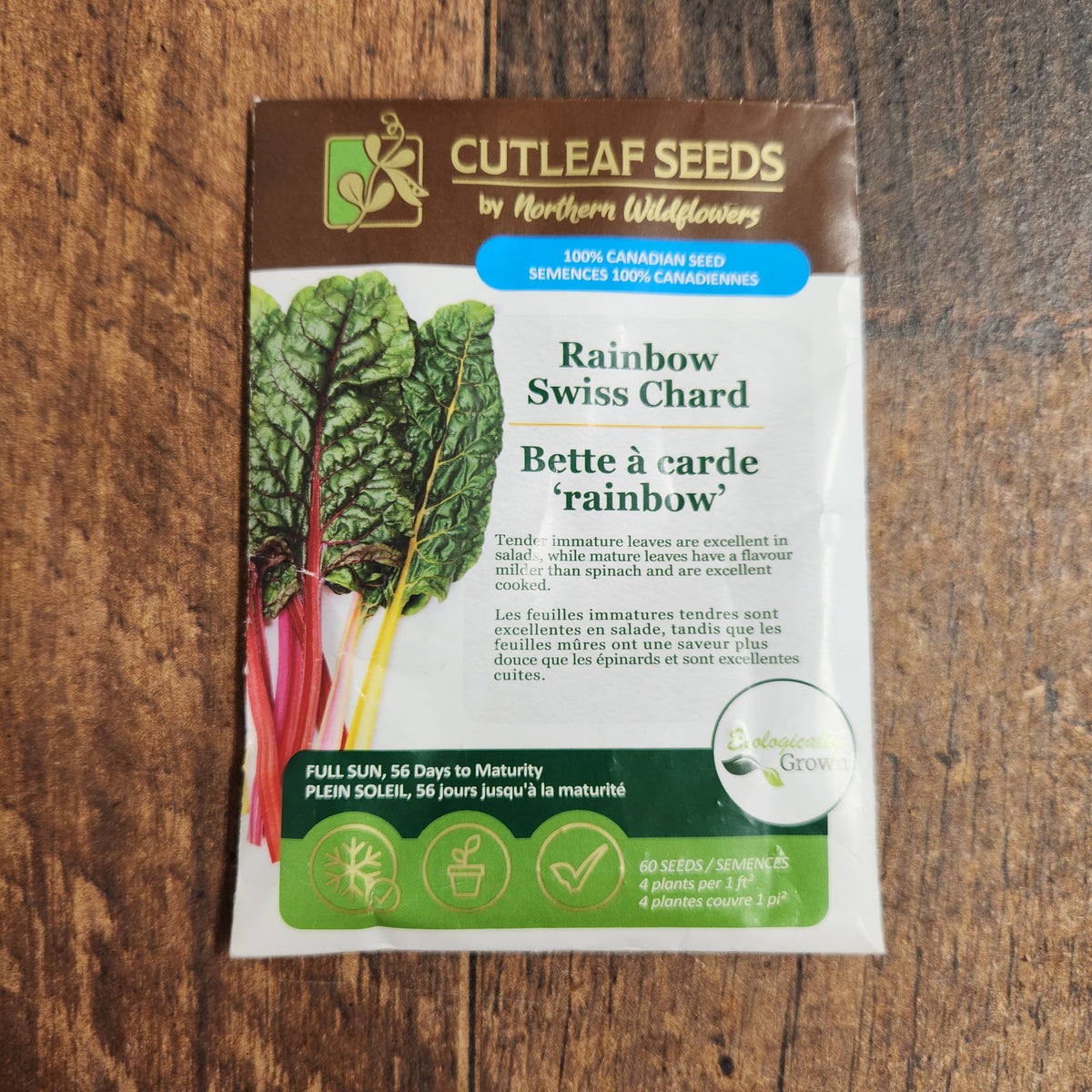Visuel complémentaire associé à Bette à carde 'Rainbow', semences offertes par Cutleaf Seed. Cette image accompagne la fiche pour relier clairement le produit à son emballage ou à la culture présentée. Elle complète les renseignements de semis, de culture et de récolte, sans remplacer les indications propres au lot ni les conseils détaillés figurant sur le sachet.