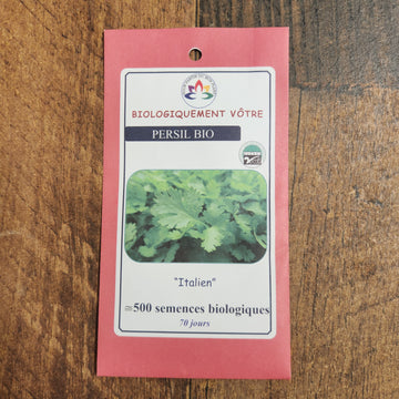 Sachet de semences persil italien bio Biologiquement Vôtre, emballage avec illustration de feuilles plates vertes, graines certifiées biologiques pour culture potager au Québec