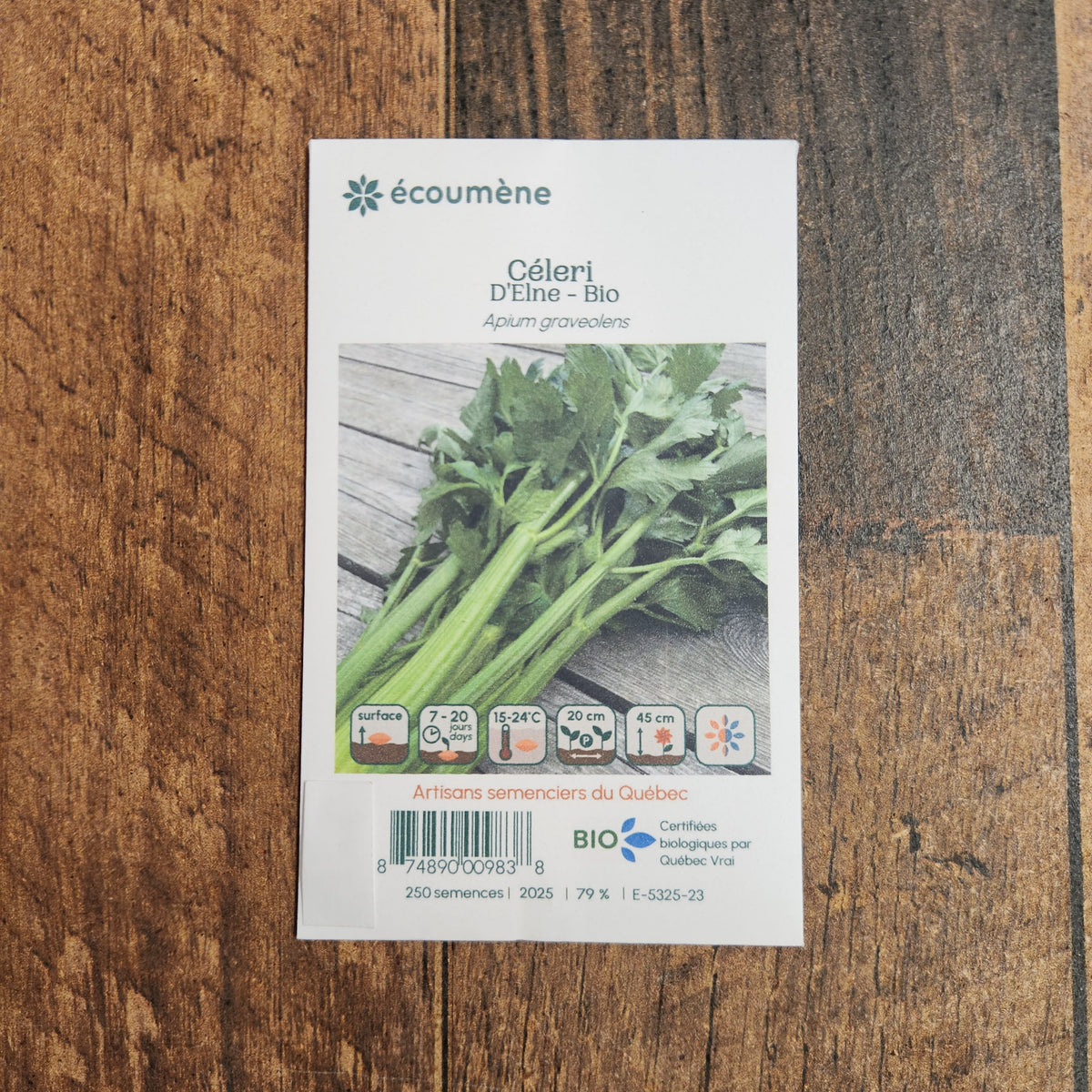 Sachet de semences Céleri DElne. Emballage blanc photographié de face sur un fond de bois brun. Une image du végétal occupe la partie centrale, sous le nom imprimé. De petits pictogrammes et un code-barres apparaissent au bas du sachet. La marque Écoumène figure dans la partie supérieure de cette présentation.