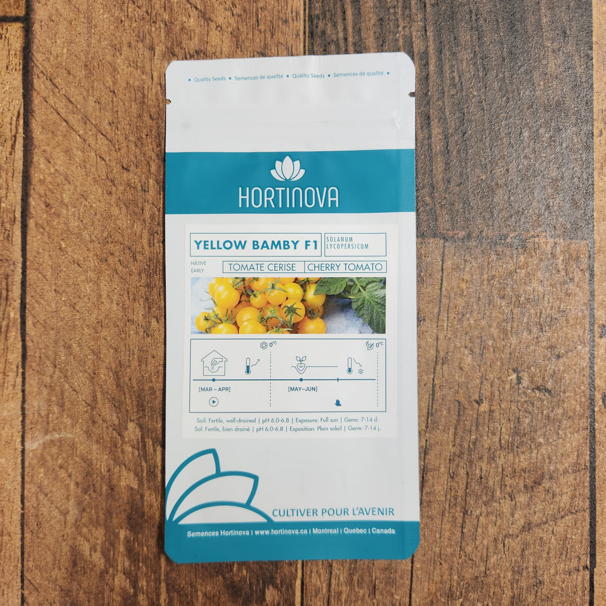 Semences Hortinova de Tomate cerise 'Yellow Bamby' F1, produit destiné au potager et présenté pour identifier clairement le cultivar avant le semis. Vue 2 de l'emballage ou du produit, à utiliser comme repère visuel avec les conseils de culture, l'exposition, l'arrosage et la récolte indiqués dans la fiche française de Pépinière.ca.