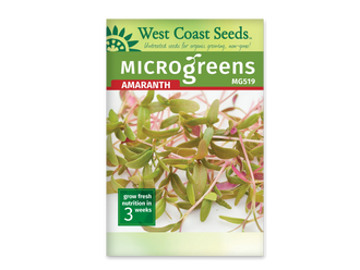 Sachet de semences pour micropousses d'amarante West Coast Seeds, vu de face. Le haut vert porte la marque, le mot Microgreens et la référence MG519. Sous le bandeau rouge Amaranth, une photographie montre de petites feuilles vertes allongées sur de fines tiges roses. Un encadré vert dans le bas de l'image indique une culture de trois semaines.