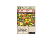 Sachet West Coast Seeds Xeriscaping Blend illustré de fleurs orange en coupe, de fleurs jaunes à pointes blanches et de petites corolles mauves. Les tiges vertes portent aussi des boutons fermés. La plantation est photographiée de près, avec plusieurs hauteurs de fleurs. Les tons jaunes et orange dominent la scène lumineuse, ponctuée de touches pâles.