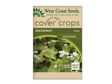 Sachet beige et vert West Coast Seeds de la gamme Cover Crops, portant le nom anglais Buckwheat et le code CC221. La photo centrale montre des feuilles vertes larges, des tiges rougeâtres et de petites grappes de fleurs blanches. Un encadré vert et blanc dans le coin inférieur droit annonce une couverture de 100 pieds carrés. Le sachet est présenté sur fond blanc.