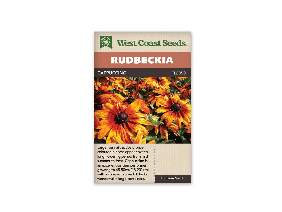 Le sachet West Coast Seeds présente des rudbeckies aux grandes fleurs bronze et jaune orangé. Les pétales portent des zones rouge brun près d'un centre sombre et bombé. Plusieurs capitules se chevauchent au-dessus du feuillage vert, avec un bouton fermé au premier plan. Le bandeau indique Cappuccino et la référence FL2050 au-dessus de la photographie.