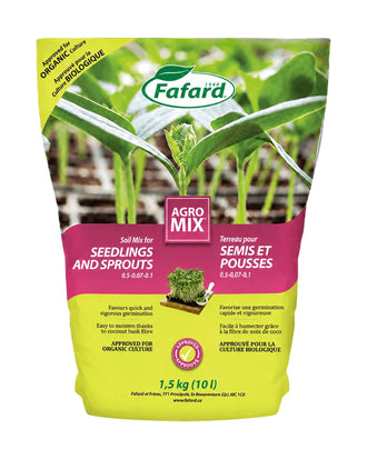 Sac de terreau pour semis et pousses Fafard AGROMIX de 10 L sur fond blanc.