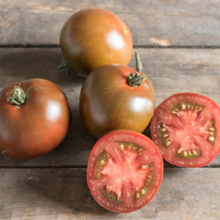 Plant indéterminé de tomate Black Prince biologique solidement tuteuré, portant de gros fruits rouge brun foncé à brun pourpre parmi un feuillage vert sain. La présentation montre la chair dense et juteuse d’un fruit tranché ainsi que l’espace nécessaire pour soutenir les grappes et récolter délicatement. Pour la présentation visuelle, observez chaque plant avant d’ajuster les soins.