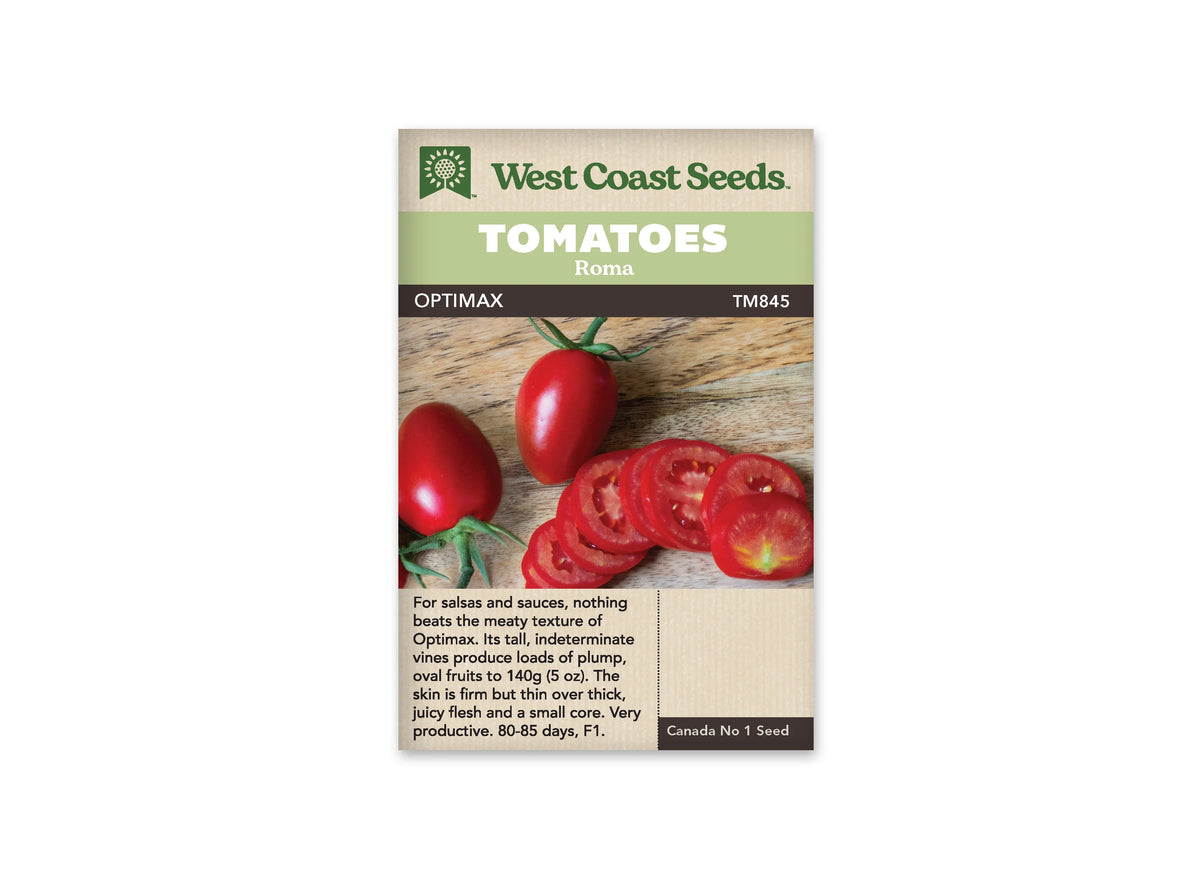 Sachet West Coast Seeds portant les mentions Tomatoes, Roma et Optimax. La photo montre des tomates rouges ovales, entières et coupées en rondelles, sur une planche de bois. Un fruit coupé révèle ses loges à graines au premier plan. Le nom de la variété et le code TM845 figurent sous les bandeaux verts de la marque.