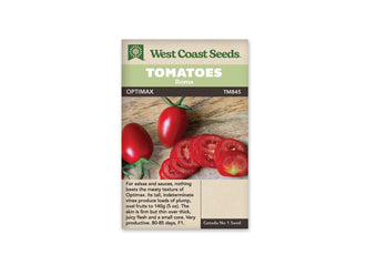 Sachet West Coast Seeds portant les mentions Tomatoes, Roma et Optimax. La photo montre des tomates rouges ovales, entières et coupées en rondelles, sur une planche de bois. Un fruit coupé révèle ses loges à graines au premier plan. Le nom de la variété et le code TM845 figurent sous les bandeaux verts de la marque.