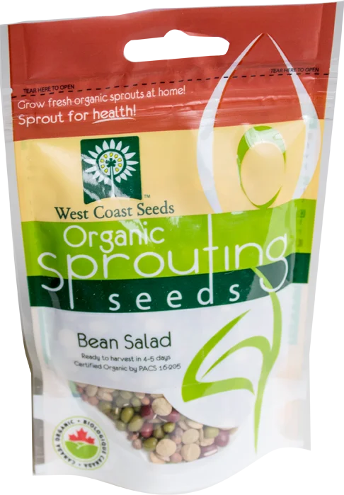 Sachet West Coast Seeds à partie supérieure rouge, avec une étiquette vert jaune portant le nom anglais Bean Salad. La fenêtre transparente laisse voir des graines vertes, rouges et beige, de tailles et de formes différentes. Le bas blanc de l'emballage présente le logo biologique canadien et les indications de germination. Le délai de 4 à 5 jours est visible sur le devant.