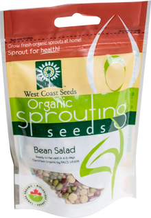 Sachet West Coast Seeds à partie supérieure rouge, avec une étiquette vert jaune portant le nom anglais Bean Salad. La fenêtre transparente laisse voir des graines vertes, rouges et beige, de tailles et de formes différentes. Le bas blanc de l'emballage présente le logo biologique canadien et les indications de germination. Le délai de 4 à 5 jours est visible sur le devant.