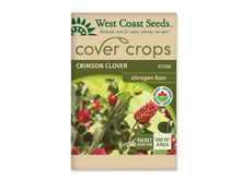 Sachet beige et vert West Coast Seeds de la gamme Cover Crops, portant le nom anglais Crimson Clover. La photographie montre des épis floraux rouges dressés parmi des feuilles vertes et des tiges légèrement velues. Le logo biologique apparaît dans le coin inférieur gauche. Un encadré dans le coin inférieur droit annonce une couverture de 100 pieds carrés. Le sachet est présenté sur un fond blanc.
