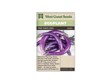 Sachet Ping Tung Long de West Coast Seeds avec une bande vert pâle et le nom sur fond sombre. La photo montre plusieurs aubergines très longues, minces et violettes, légèrement courbées, posées les unes sur les autres sur un fond clair. Leurs calices sont verts. Une zone beige avec du texte occupe le bas du sachet.
