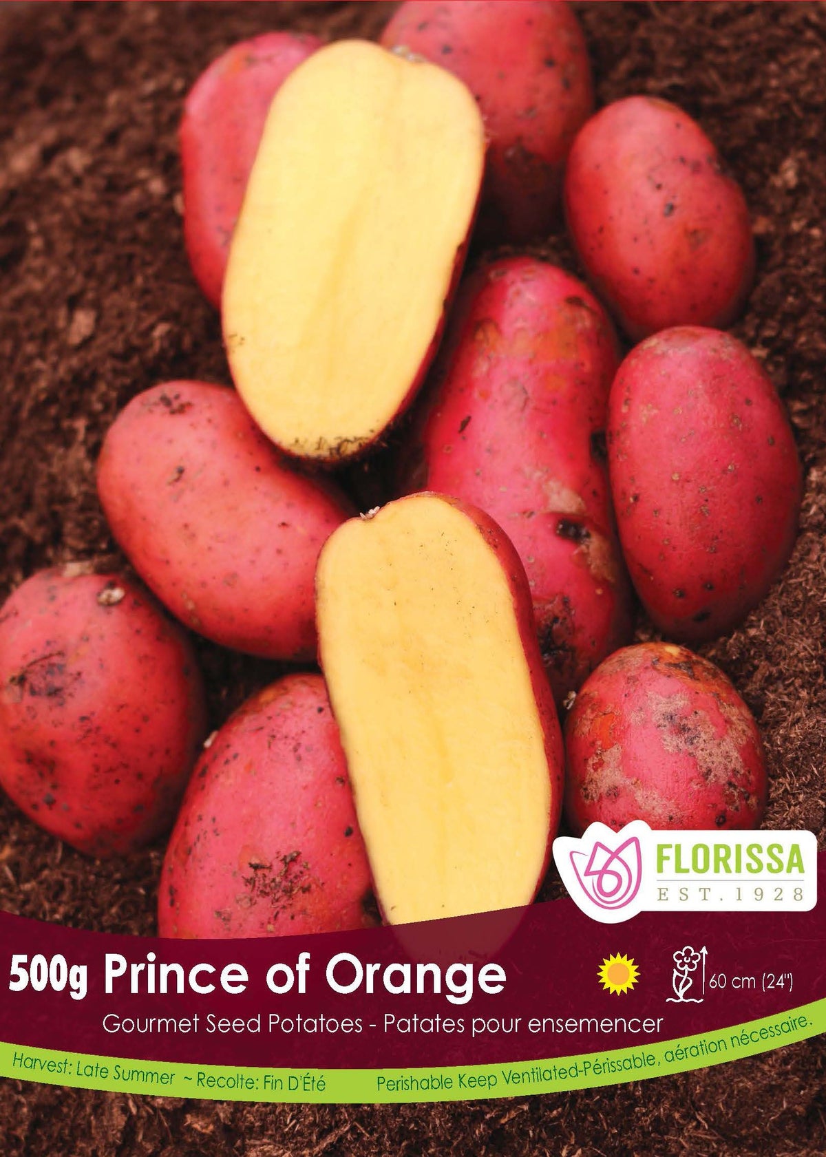 Pomme de terre Gourmet ‘Prince of Orange’ (500 g) ( Solanum tuberosum ) : des pommes de terre rouges coupées pour montrer leur chair jaune. Le visuel Florissa présente la plante et son nom dans la partie inférieure de l’étiquette. La photographie occupe presque toute la surface, tandis que le bandeau du bas rassemble les indications du produit. Cette vue permet de reconnaître son apparence et de distinguer la variété présentée.