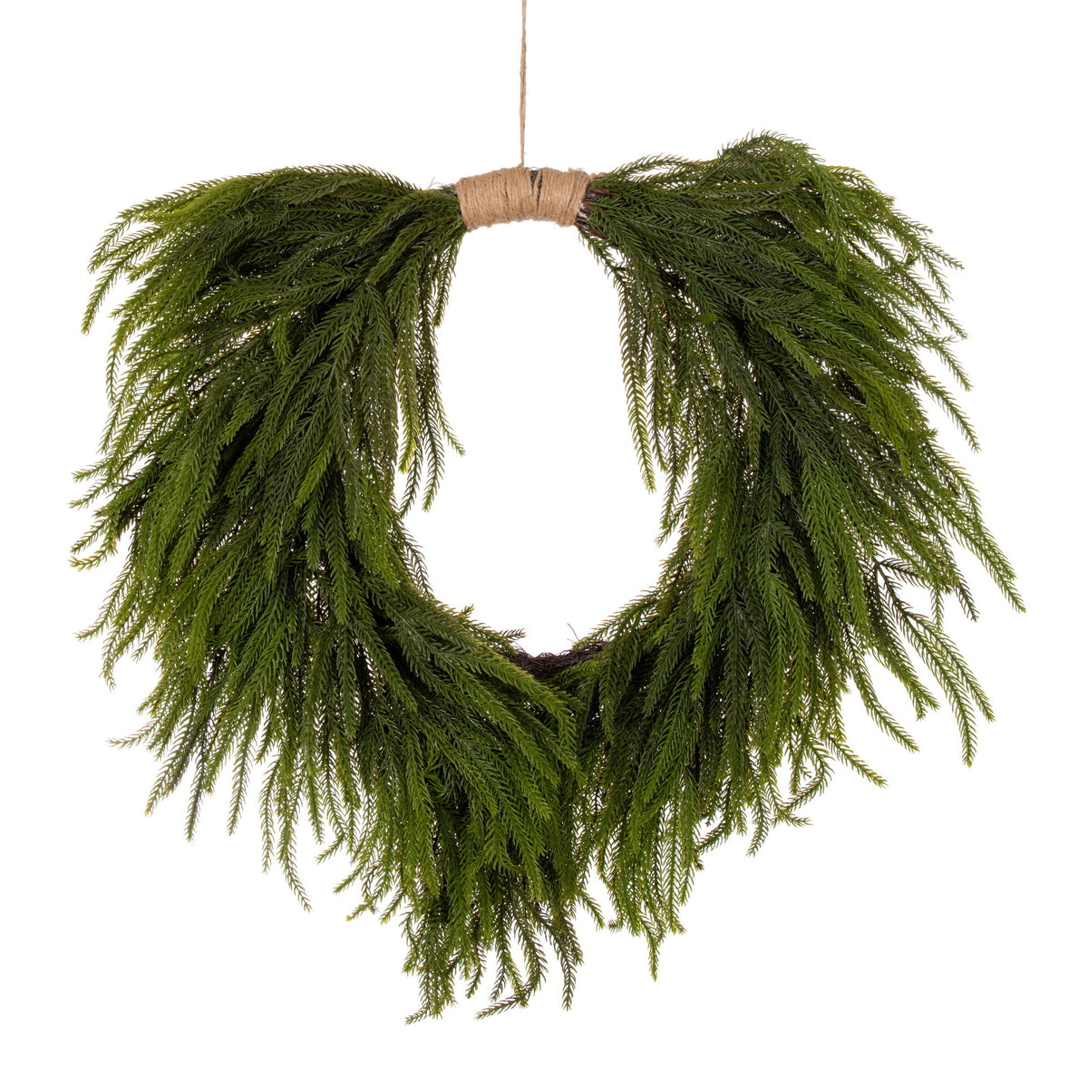 Couronne en cœur de pin Norfolk avec jute – vert