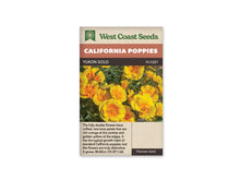 Sachet Yukon Gold de West Coast Seeds sur fond blanc. La photo présente des fleurs jaunes au centre orange, avec des pétales ondulés et plusieurs rangs visibles sur certaines corolles. Des boutons verts et un feuillage finement découpé entourent les fleurs ouvertes. Le bandeau orange indique California Poppies et la bande brune porte Yukon Gold, code FL1221.
