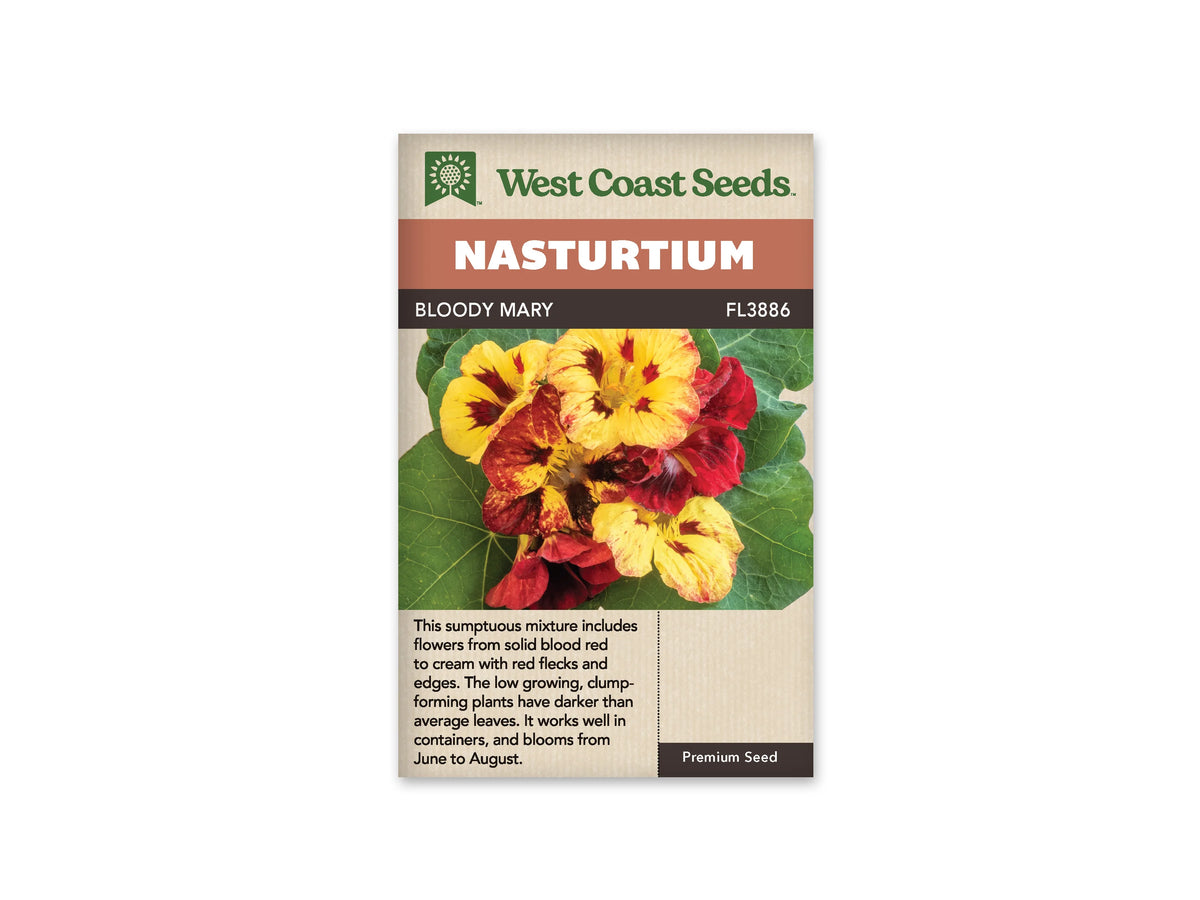 Sachet Bloody Mary de West Coast Seeds sur fond blanc. La photo réunit des fleurs jaunes à crème marquées de rouge et des fleurs rouge foncé devant des feuilles rondes vertes. Les motifs varient entre les pétales, avec des taches et des bords rouges. Le bandeau orange indique Nasturtium; la bande brune porte Bloody Mary et le code FL3886.