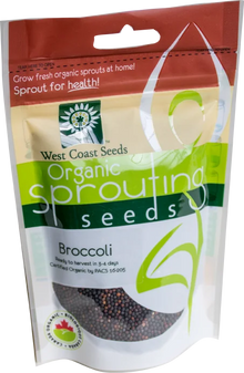 Sachet West Coast Seeds à partie supérieure rouge, avec une étiquette vert jaune portant le nom anglais Broccoli. La fenêtre transparente laisse voir de petites graines rondes et foncées. Le bas blanc de l'emballage présente le logo biologique canadien et les indications de germination. Le délai de 3 à 4 jours est visible sur le devant.