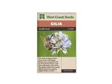 Sachet Globe Gilia de West Coast Seeds sur fond blanc. La photo montre une abeille posée sur une tête ronde composée de petites fleurs bleu lavande. Ses ailes translucides et ses pattes sombres sont visibles devant un fond vert flou. Le bandeau orangé indique Gilia; la bande brune porte Globe Gilia et le code FL1207.