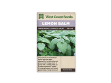 Sachet de mélisse Mandarina Orange Balm West Coast Seeds présenté de face sur fond blanc. La photographie montre de grandes feuilles vertes gaufrées, aux bords dentés, rapprochées autour de petites tiges. Le bandeau mauve porte LEMON BALM. MANDARINA ORANGE BALM apparaît sur la bande foncée, et une description en anglais occupe la partie beige inférieure.