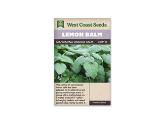 Sachet de mélisse Mandarina Orange Balm West Coast Seeds présenté de face sur fond blanc. La photographie montre de grandes feuilles vertes gaufrées, aux bords dentés, rapprochées autour de petites tiges. Le bandeau mauve porte LEMON BALM. MANDARINA ORANGE BALM apparaît sur la bande foncée, et une description en anglais occupe la partie beige inférieure.