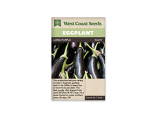 Sachet Long Purple de West Coast Seeds, avec une bande vert pâle et le nom sur fond sombre. La photo montre plusieurs aubergines longues violet très foncé, aux calices verts, serrées les unes contre les autres. Leurs peaux sont lisses et brillantes. Une zone beige avec du texte apparaît dans la partie inférieure du sachet.