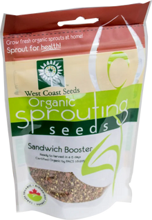 Sachet West Coast Seeds à partie supérieure rouge, avec une étiquette vert jaune portant le nom anglais Sandwich Booster. La fenêtre transparente laisse voir de petites graines brunes et beige, accompagnées de haricots verts. Le bas blanc de l'emballage présente le logo biologique canadien et les indications de germination. Le délai de 4 à 5 jours est visible sur le devant.