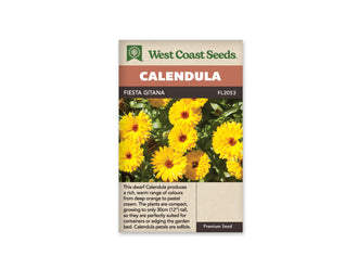 Sachet Fiesta Gitana de West Coast Seeds sur fond blanc. La photo montre plusieurs fleurs jaunes et dorées à centre brun rouge, avec des rangs de pétales serrés et du feuillage vert. Quelques boutons restent fermés. Le bandeau orangé porte le mot Calendula et le code FL2053 figure à côté du nom Fiesta Gitana.