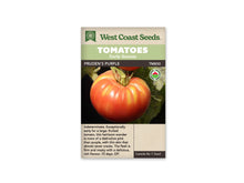 Sachet West Coast Seeds avec les mentions Tomatoes, Early Season et Pruden’s Purple. La photo montre une grosse tomate rouge orangé, aux épaules côtelées, attachée à une tige verte. Le fond comporte du feuillage sombre. Un logo biologique rond apparaît à droite, sous la bande portant le nom et le code TM850.