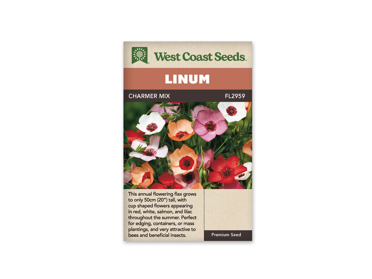 Sachet de lin Charmer Mix de West Coast Seeds sur fond blanc. La photo montre des fleurs à cinq pétales rouges, roses, blancs et mauves, avec des centres plus foncés. Des feuilles vertes étroites et des boutons pointus entourent les corolles. Le bandeau orange indique Linum; la bande brune porte Charmer Mix et le code FL2959.