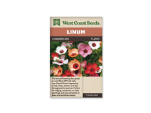 Sachet de lin Charmer Mix de West Coast Seeds sur fond blanc. La photo montre des fleurs à cinq pétales rouges, roses, blancs et mauves, avec des centres plus foncés. Des feuilles vertes étroites et des boutons pointus entourent les corolles. Le bandeau orange indique Linum; la bande brune porte Charmer Mix et le code FL2959.
