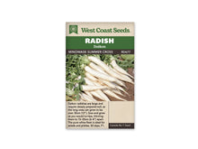 Sachet West Coast Seeds Minowase Summer Cross montrant plusieurs longs radis blancs réunis en tas. Leurs extrémités s’amincissent et leurs fanes vertes se rejoignent en haut de la photo. Un tissu brun apparaît sous les légumes. Le nom de la sélection figure sur le bandeau brun, sous le titre Radish Daikon.
