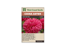 Sachet King Size Red de West Coast Seeds sur fond blanc. La photo montre une grande fleur rouge cramoisi, très fournie, avec de longs pétales serrés et courbés. Des feuilles vertes occupent l’arrière-plan. Le nom China Aster figure sur le bandeau orangé; King Size Red et la référence FL4008 se lisent dans la bande brune.