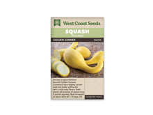 Sachet beige de semences Golden Summer avec un bandeau vert pâle et le nom sur fond brun. La photographie présente des courges jaunes à base renflée et col recourbé sur une surface brune. Un fruit coupé et plusieurs rondelles montrent une chair claire entourée d'une peau jaune. Un texte anglais occupe la partie inférieure.