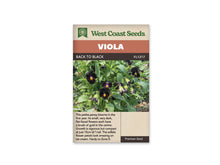 Sachet West Coast Seeds Back to Black montrant de petites fleurs presque noires au milieu d’un feuillage vert. Chaque fleur ouverte porte un petit centre jaune doré, parfois entouré de violet. Des boutons pendants apparaissent entre les feuilles. Le nom Back to Black est placé dans le bandeau brun sous le titre blanc.