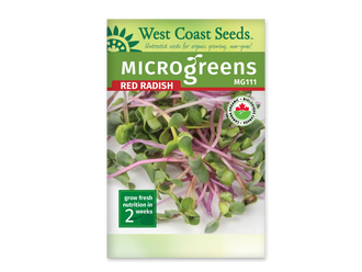 Sachet blanc West Coast Seeds pour micropousses de radis, portant le nom Red Radish en rouge sous un bandeau vert. La photographie montre de petites feuilles vertes et de longues tiges roses entremêlées. Le code MG111 apparaît en haut à droite. Le logo biologique canadien est visible près de la photo et le délai de deux semaines en bas.